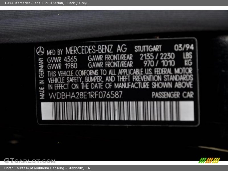 Info Tag of 1994 C 280 Sedan