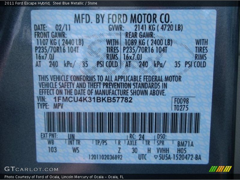 2011 Escape Hybrid Steel Blue Metallic Color Code UN