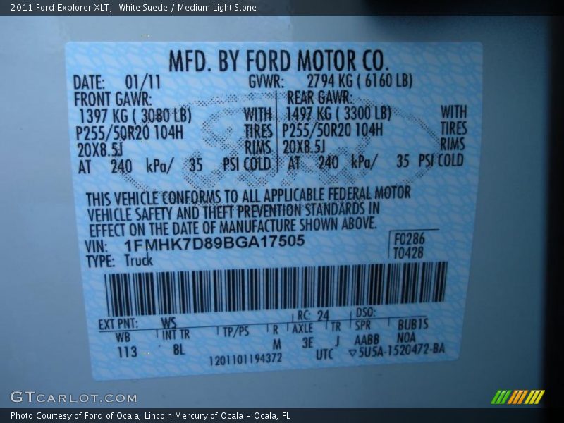 2011 Explorer XLT White Suede Color Code WS