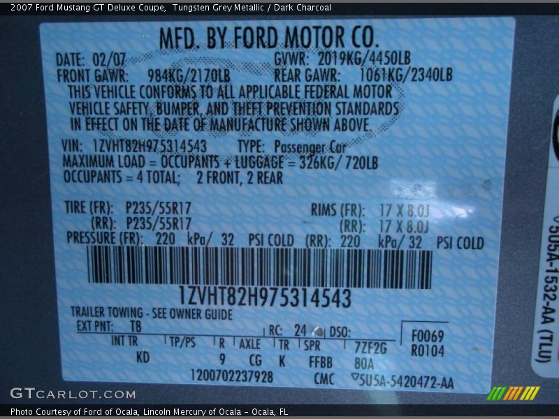 Tungsten Grey Metallic / Dark Charcoal 2007 Ford Mustang GT Deluxe Coupe