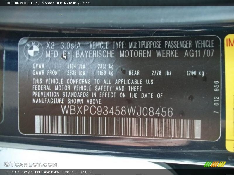 Monaco Blue Metallic / Beige 2008 BMW X3 3.0si