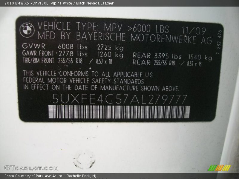 Alpine White / Black Nevada Leather 2010 BMW X5 xDrive30i