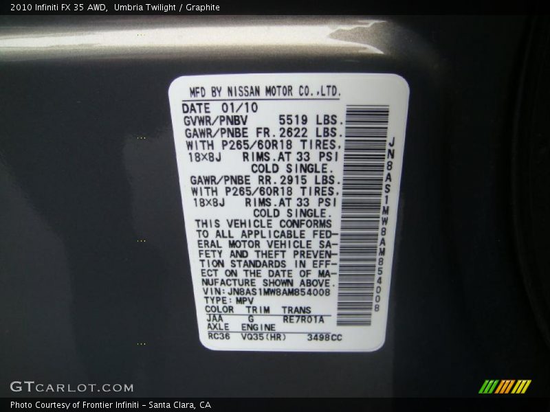 2010 FX 35 AWD Umbria Twilight Color Code JAA