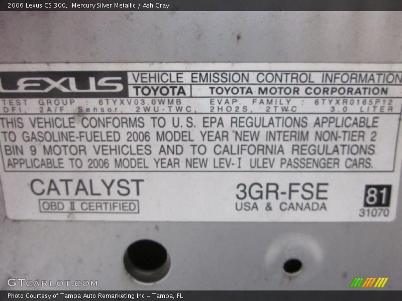Mercury Silver Metallic / Ash Gray 2006 Lexus GS 300