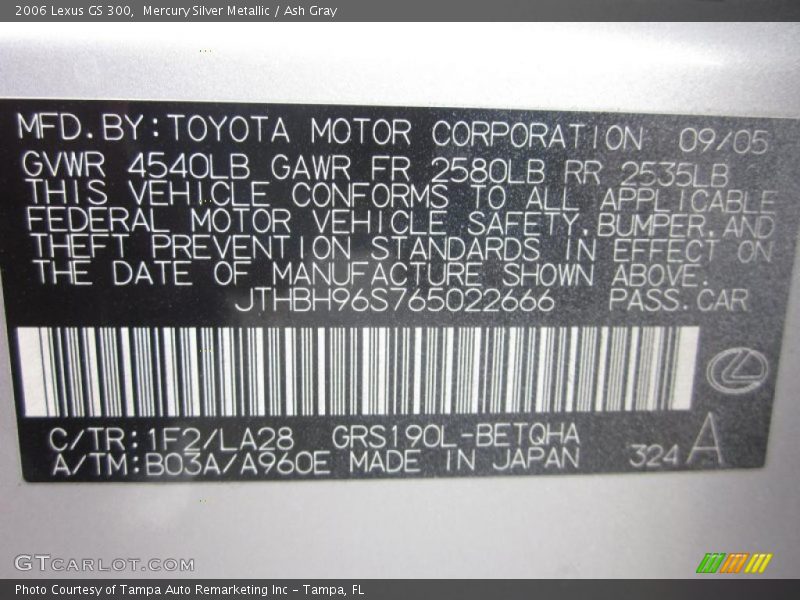 Mercury Silver Metallic / Ash Gray 2006 Lexus GS 300