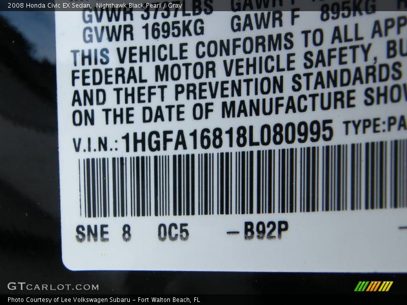 Nighthawk Black Pearl / Gray 2008 Honda Civic EX Sedan