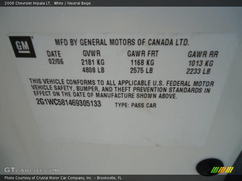 White / Neutral Beige 2006 Chevrolet Impala LT