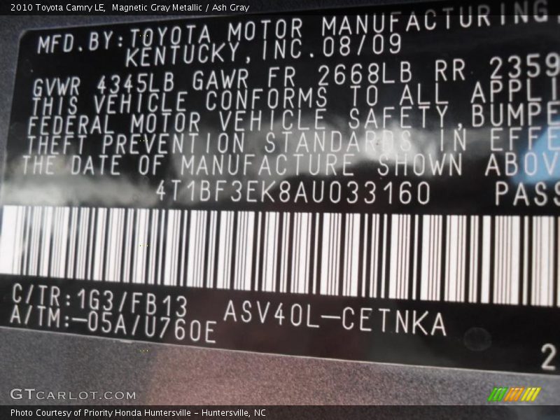 Magnetic Gray Metallic / Ash Gray 2010 Toyota Camry LE