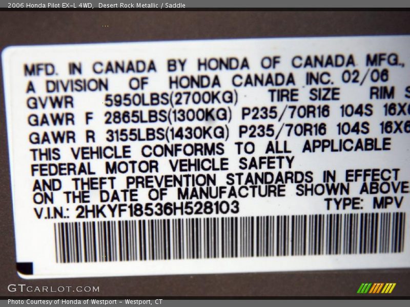 Desert Rock Metallic / Saddle 2006 Honda Pilot EX-L 4WD