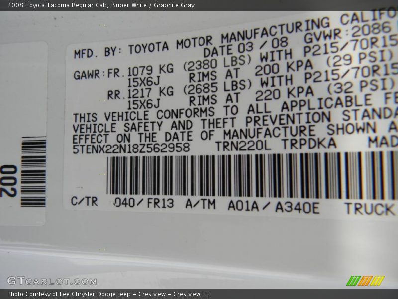 Super White / Graphite Gray 2008 Toyota Tacoma Regular Cab