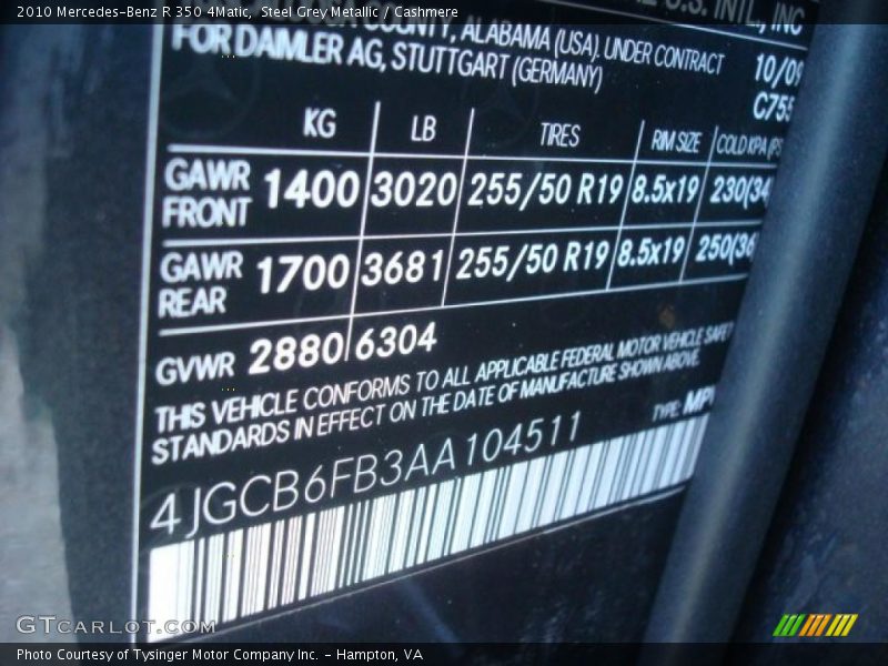 Steel Grey Metallic / Cashmere 2010 Mercedes-Benz R 350 4Matic