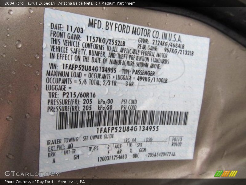 2004 Taurus LX Sedan Arizona Beige Metallic Color Code AQ