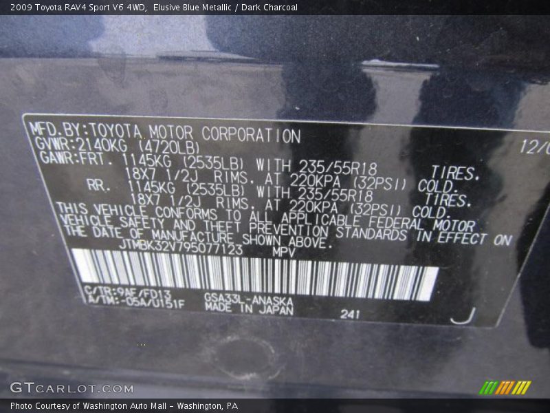 2009 RAV4 Sport V6 4WD Elusive Blue Metallic Color Code 9AF