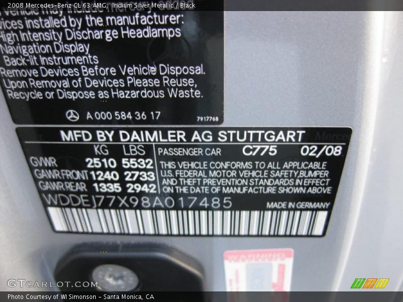 2008 CL 63 AMG Iridium Silver Metallic Color Code 775