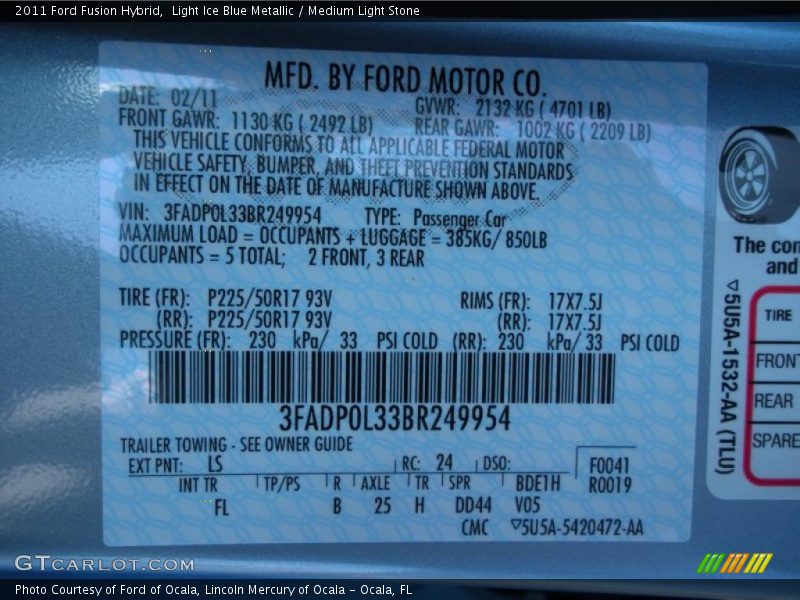 2011 Fusion Hybrid Light Ice Blue Metallic Color Code LS