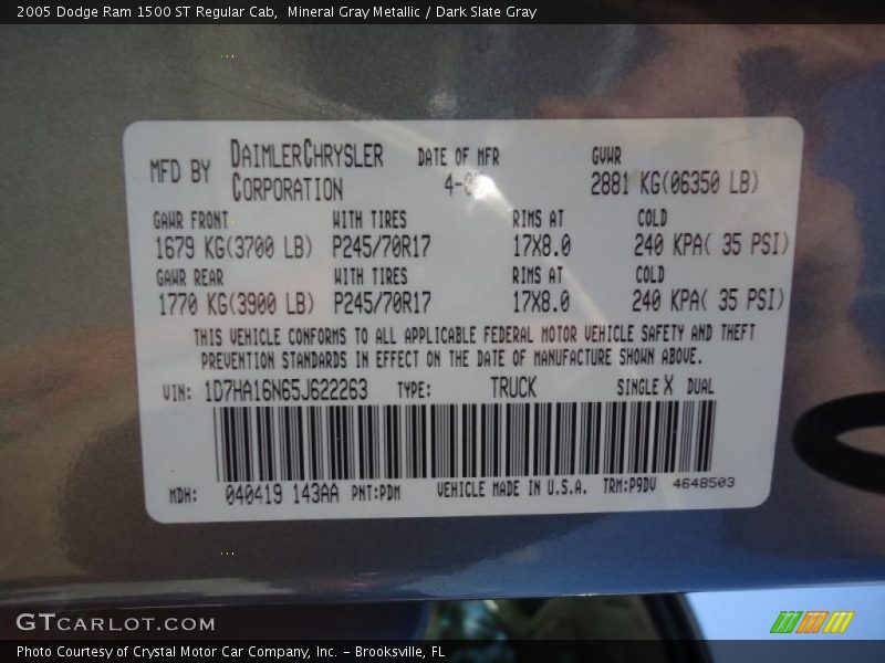 Mineral Gray Metallic / Dark Slate Gray 2005 Dodge Ram 1500 ST Regular Cab