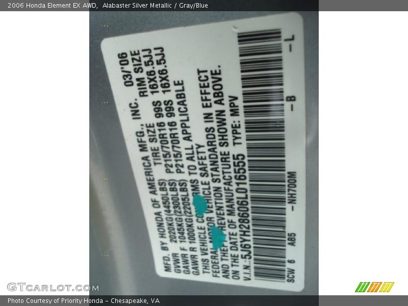 2006 Element EX AWD Alabaster Silver Metallic Color Code NH700M