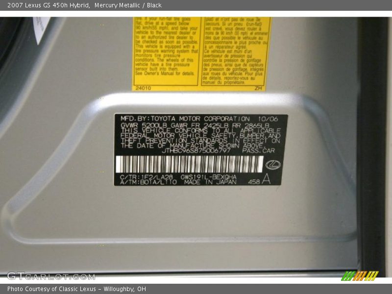 2007 GS 450h Hybrid Mercury Metallic Color Code 1F2