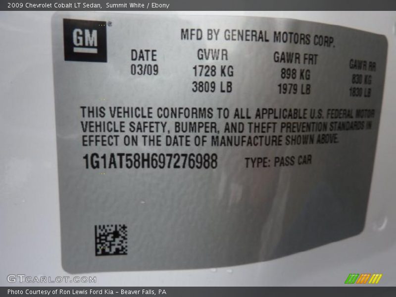 Summit White / Ebony 2009 Chevrolet Cobalt LT Sedan