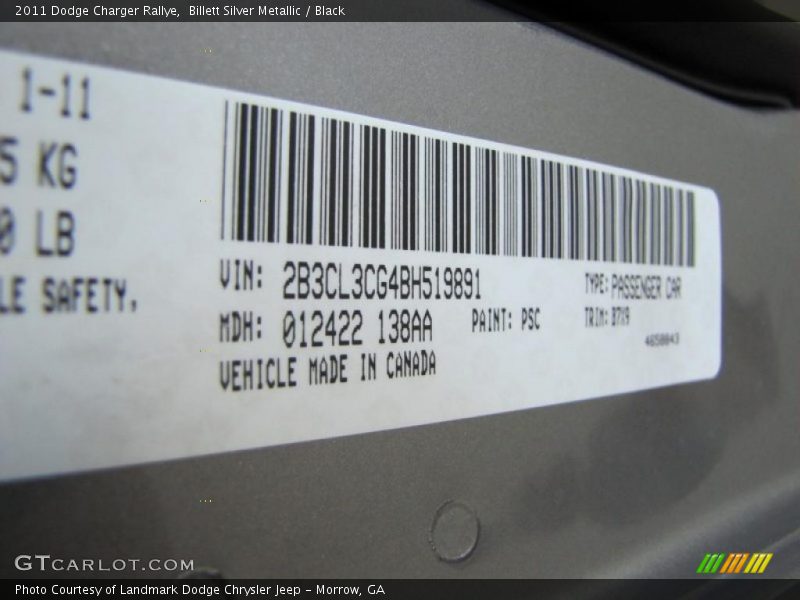 2011 Charger Rallye Billett Silver Metallic Color Code PSC