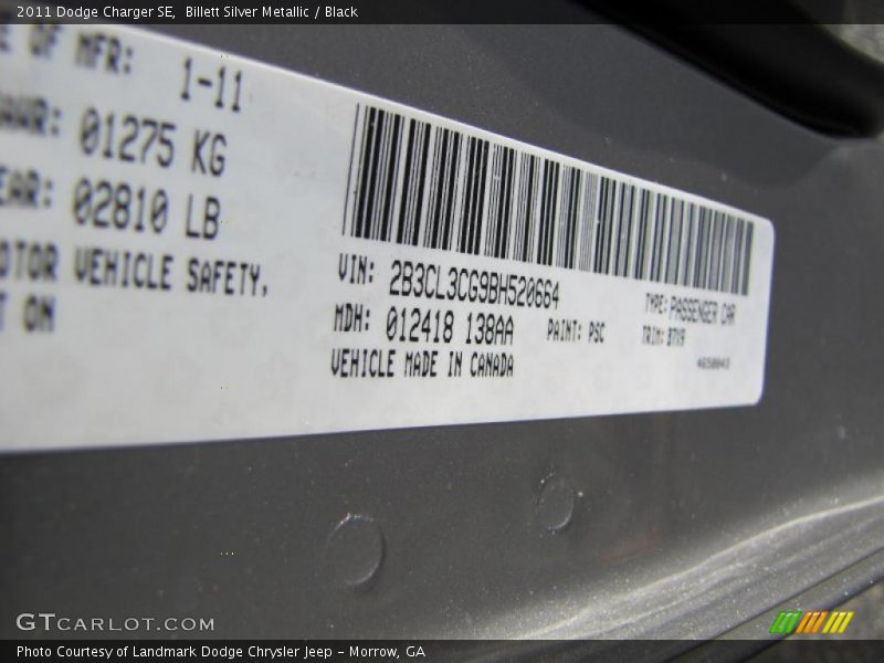 Billett Silver Metallic / Black 2011 Dodge Charger SE