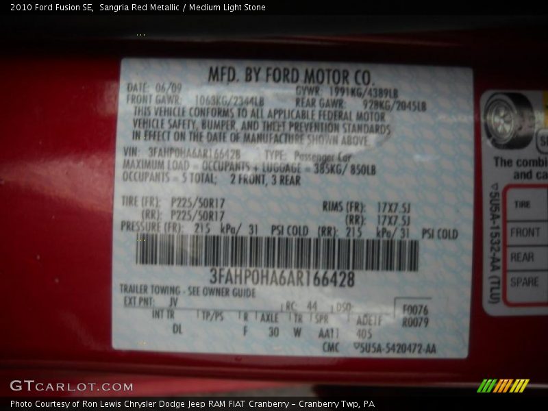 Sangria Red Metallic / Medium Light Stone 2010 Ford Fusion SE