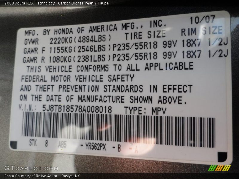 Carbon Bronze Pearl / Taupe 2008 Acura RDX Technology