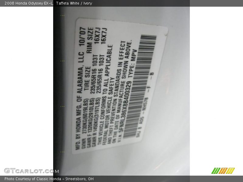 Taffeta White / Ivory 2008 Honda Odyssey EX-L