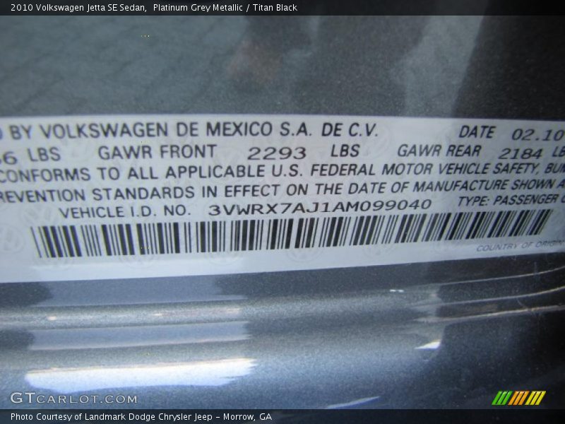 Platinum Grey Metallic / Titan Black 2010 Volkswagen Jetta SE Sedan