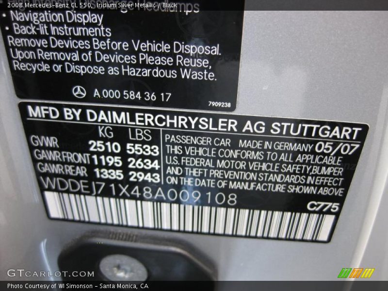 Iridium Silver Metallic / Black 2008 Mercedes-Benz CL 550