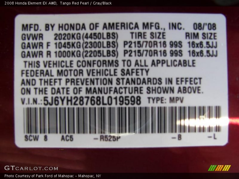 Tango Red Pearl / Gray/Black 2008 Honda Element EX AWD