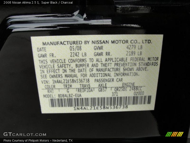 Super Black / Charcoal 2008 Nissan Altima 2.5 S