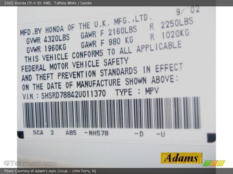 Taffeta White / Saddle 2002 Honda CR-V EX 4WD