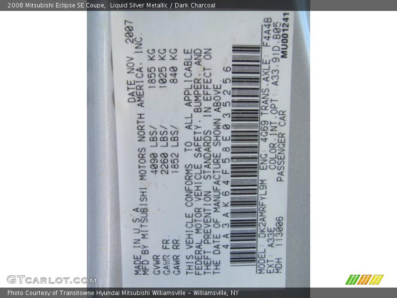 2008 Eclipse SE Coupe Liquid Silver Metallic Color Code A33