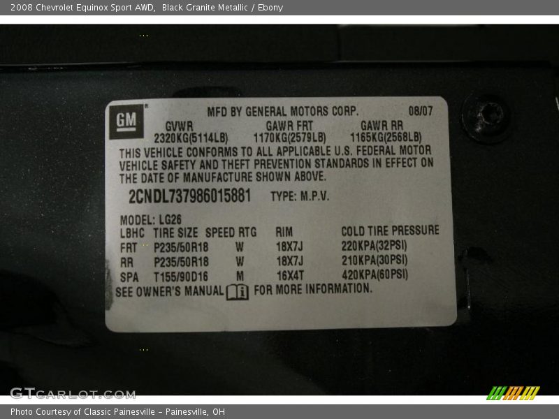 Info Tag of 2008 Equinox Sport AWD