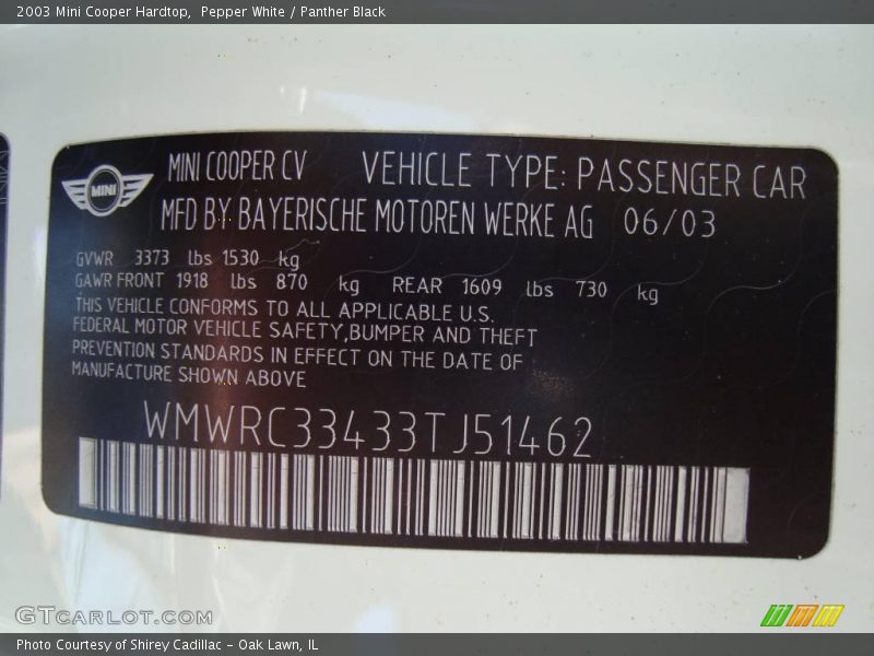 Pepper White / Panther Black 2003 Mini Cooper Hardtop