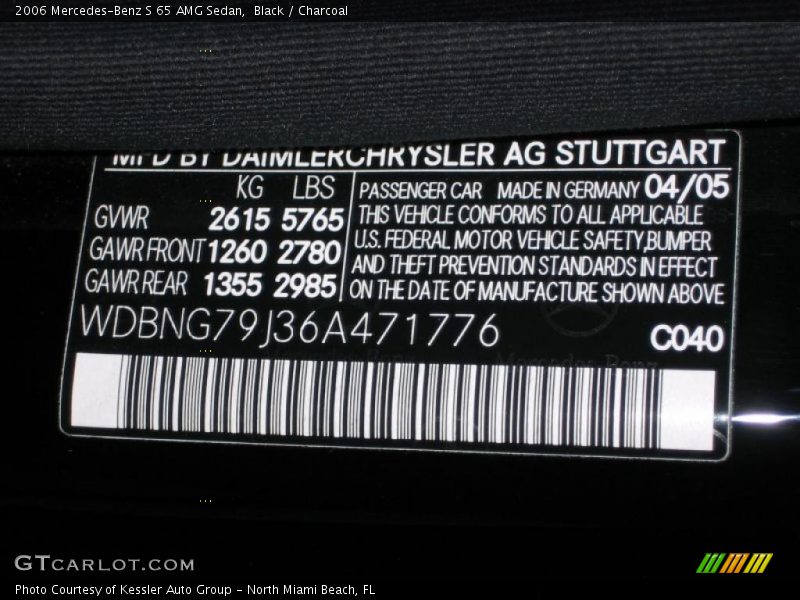 2006 S 65 AMG Sedan Black Color Code 040