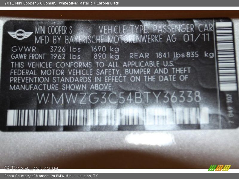 White Silver Metallic / Carbon Black 2011 Mini Cooper S Clubman