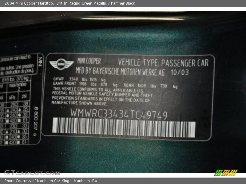 British Racing Green Metallic / Panther Black 2004 Mini Cooper Hardtop