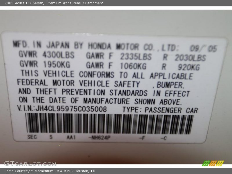 2005 TSX Sedan Premium White Pearl Color Code NH624P