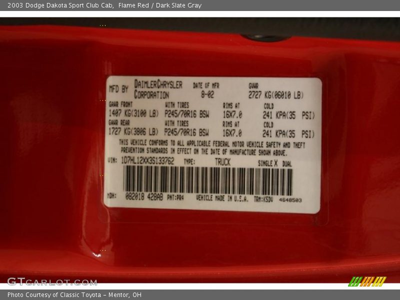 Flame Red / Dark Slate Gray 2003 Dodge Dakota Sport Club Cab