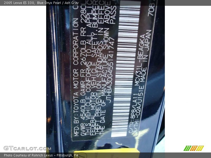 Blue Onyx Pearl / Ash Gray 2005 Lexus ES 330