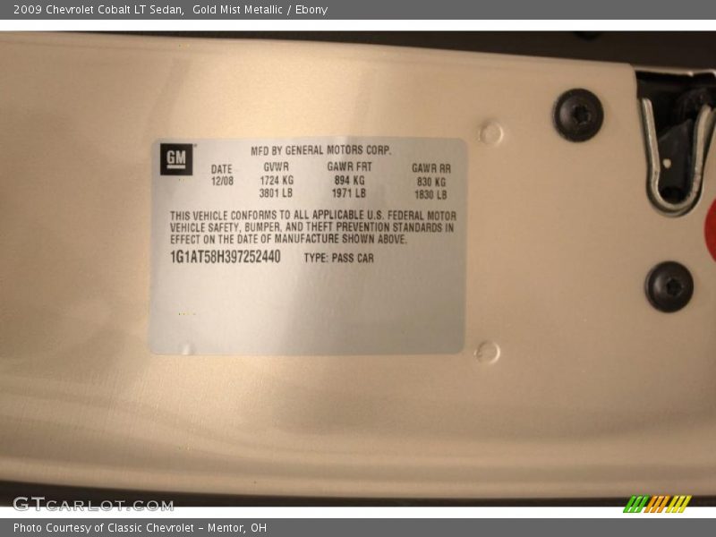 Gold Mist Metallic / Ebony 2009 Chevrolet Cobalt LT Sedan