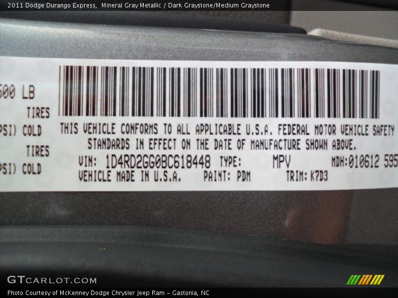 2011 Durango Express Mineral Gray Metallic Color Code PDM
