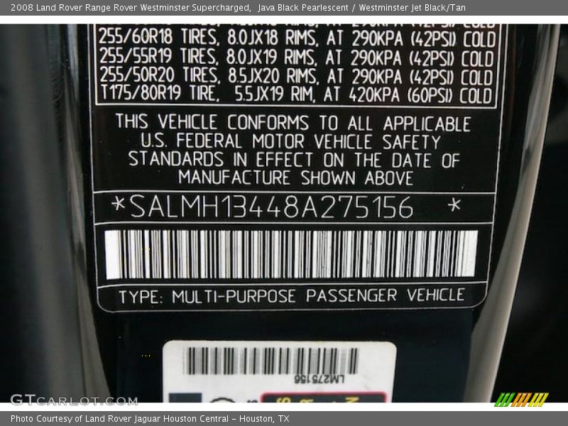 Java Black Pearlescent / Westminster Jet Black/Tan 2008 Land Rover Range Rover Westminster Supercharged