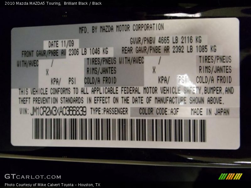 2010 MAZDA5 Touring Brilliant Black Color Code A3F