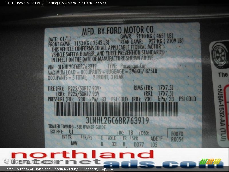 Sterling Grey Metallic / Dark Charcoal 2011 Lincoln MKZ FWD