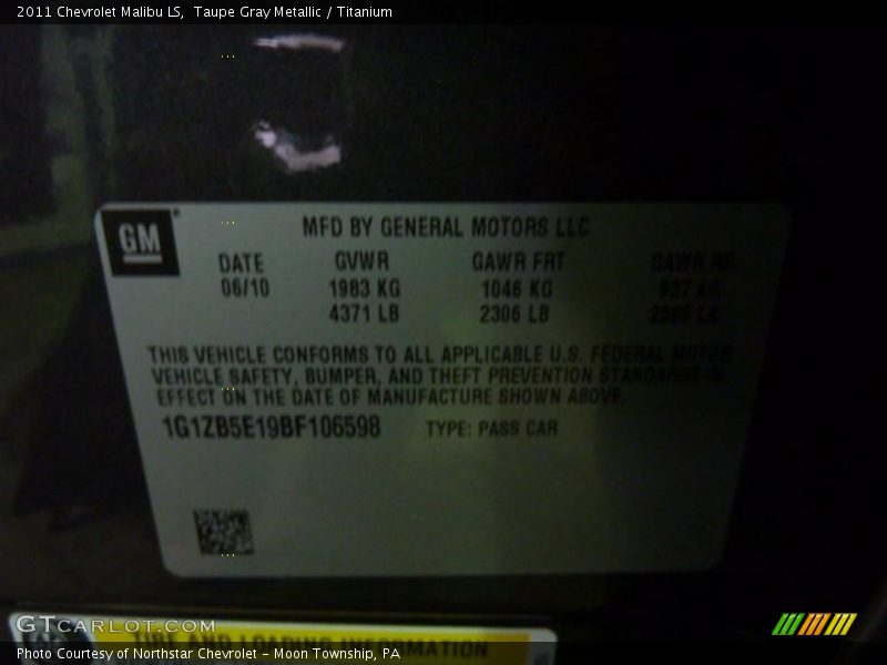 Taupe Gray Metallic / Titanium 2011 Chevrolet Malibu LS