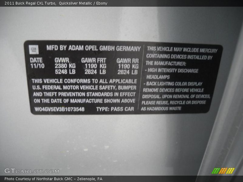 Info Tag of 2011 Regal CXL Turbo