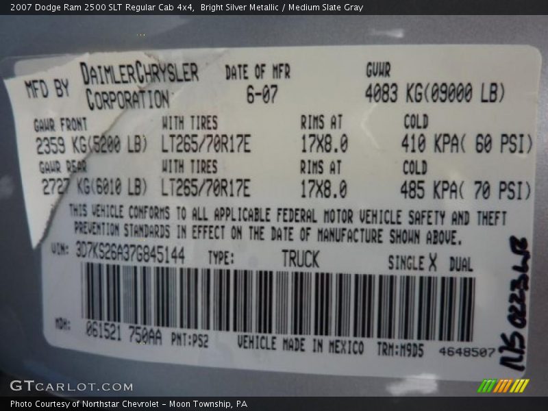 2007 Ram 2500 SLT Regular Cab 4x4 Bright Silver Metallic Color Code PS2